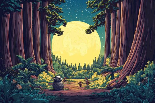 Forest Moon Night Scene Featuring BB8 and Friends