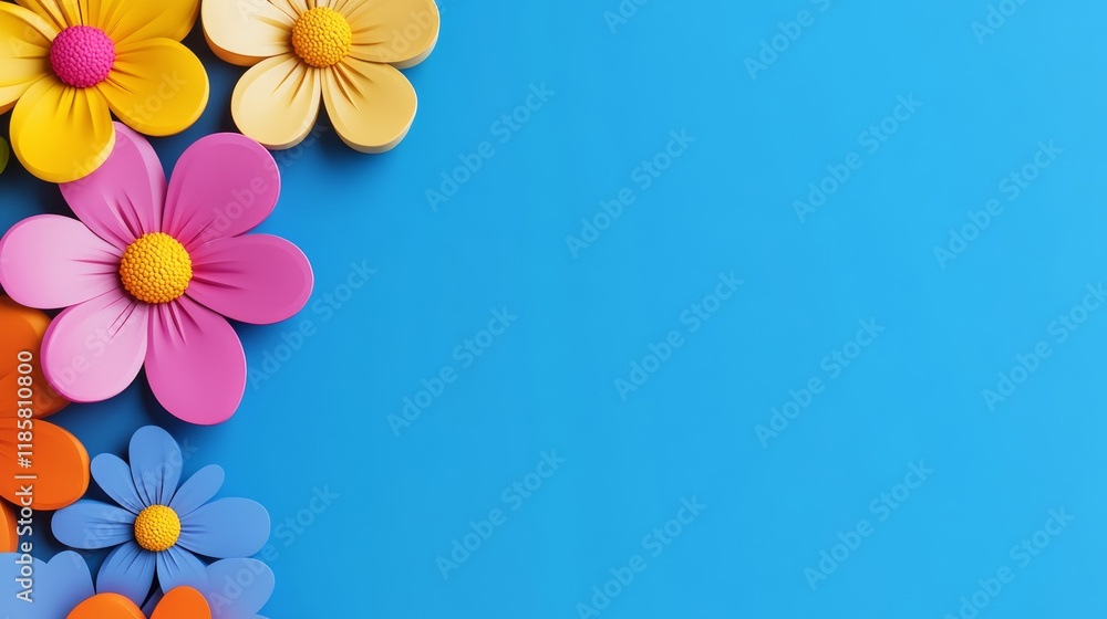 Poster blue background with a row of colorful flowers on it. the flowers are arranged in a way that they ar