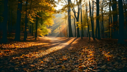 Obraz premium Autumnal Path: Sunlit Forest Trail