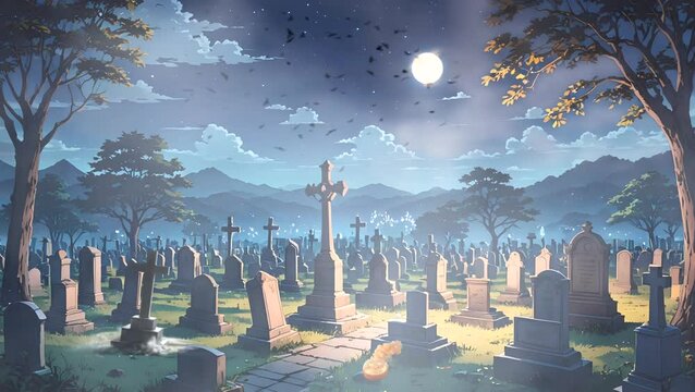 Cemetery landscape, graveyard tombstones background, vector Halloween horror night. Cartoon cemetery landscape with scary tombstones and spooky moon, RIP gravestones and creepy dark graves