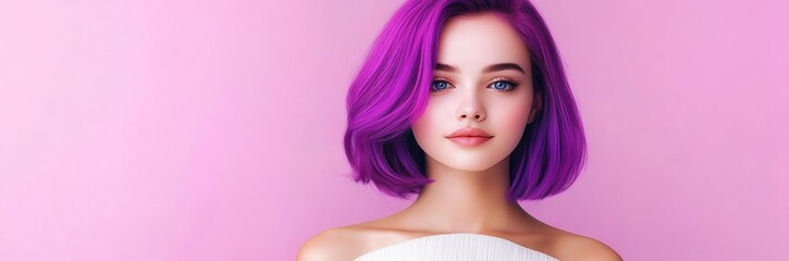 Fototapeta premium Woman with purple hair is standing in front of a pink background. She has a very pretty and attractive look