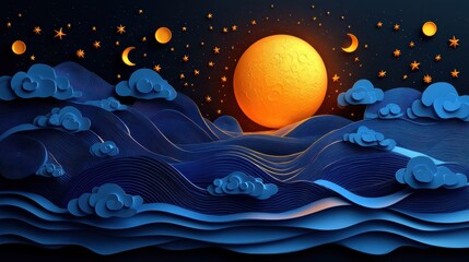 A vibrant, stylized landscape featuring waves, clouds, and a large sun against a starry sky.