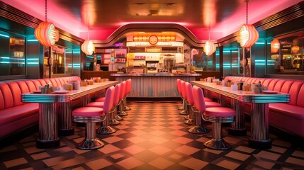 Vibrant retro style diner with neon lights classic vintage furniture and a cozy inviting atmosphere  Captures the nostalgic charm of a 1950s inspired eatery with a modern stylish flair
