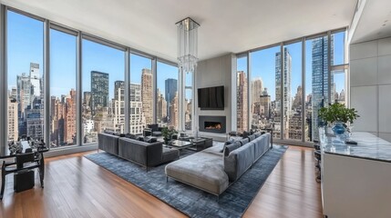 Modern apartment with panoramic city views, hardwood floors, and luxurious furnishings.