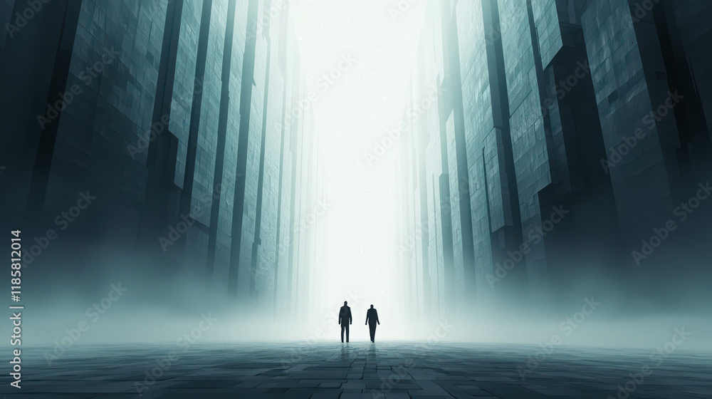 Poster surreal vision of an upside down metropolis with two figures in the fog