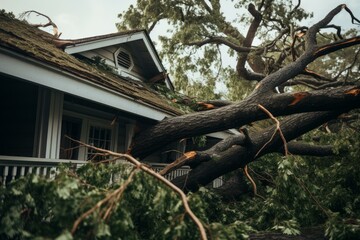 Large tree fallen on house roof after strong wind or hurricane, causing significant damage