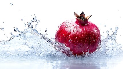 Pomegranate splashing in water, white background, healthy food