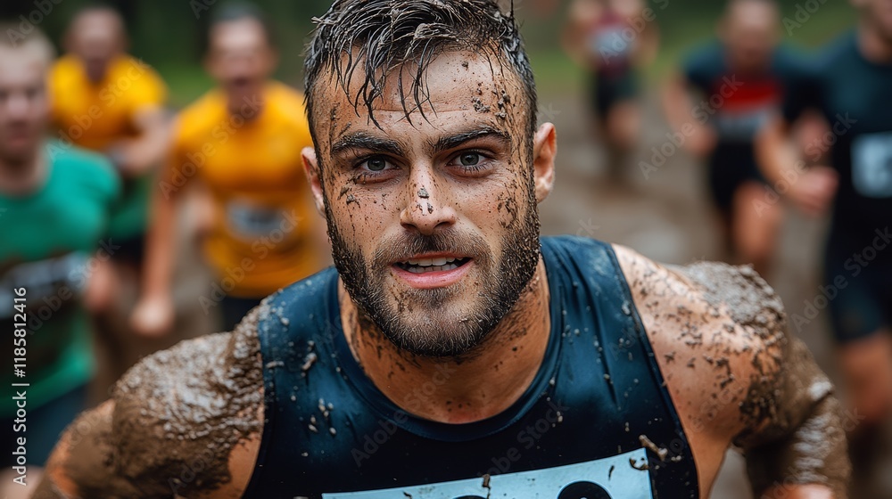 Poster man with a beard and a black shirt is running in a muddy field. he is the only one with a shirt on