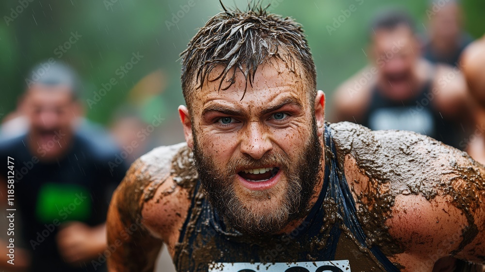 Poster Man with a beard and a wet head is running in a muddy field. He is the only one with a shirt on