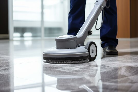 Professional janitor cleaning office floor using floor buffing machine