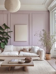 Serene Living Room with Lavender Walls and Linen Sofa