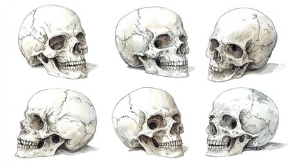 Detailed Watercolor Skull Illustrations: Anatomy Study, Medical Art, Realistic Bone Drawings