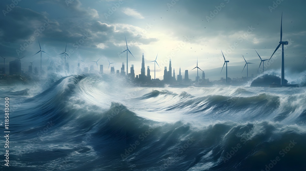Poster conceptual depicting the fusion of renewable energy sources wind turbines and tidal waves the dynami
