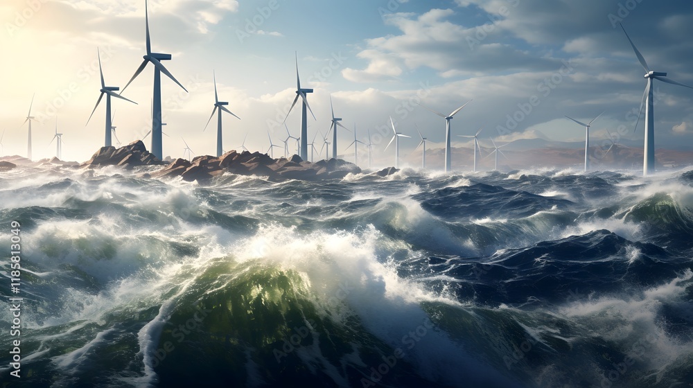 Poster conceptual showcasing the of wind turbines and tidal waves as a representation of renewable energy s