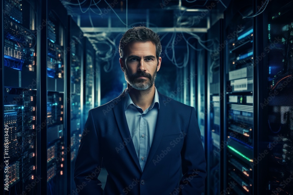 Poster portrait of an it engineer posing in a dark server room with glowing servers