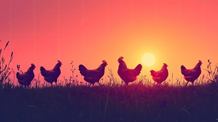 Silhouetted Chickens at Sunset: A Serene Rural Scene