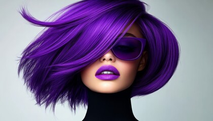 Obraz premium Woman with purple hair and purple sunglasses. She is wearing a black top and a black scarf
