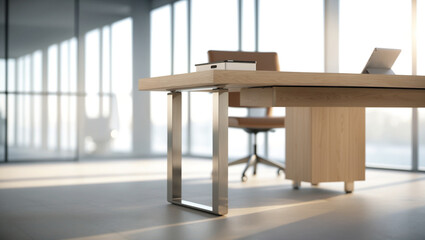 A modern executive desk in focus, crafted with light oak and brushed metal legs, showcasing a tidy workspace with a tablet, scattered documents, and a desk organizer.