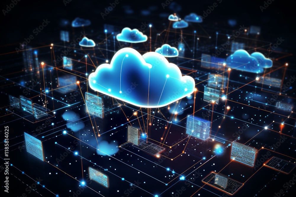 Poster futuristic cloud computing network connecting digital devices and data servers in cyberspace