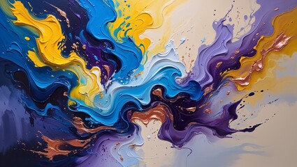 Vibrant and expressive acrylic abstract painting featuring a dynamic interplay of swirling shapes and colors, with bold brushstrokes and textures that evoke a sense of energy and movement, set against