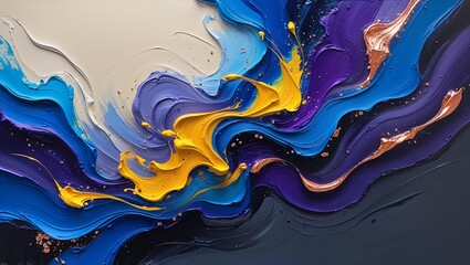 Vibrant and expressive acrylic abstract painting featuring a dynamic interplay of swirling shapes and colors, with bold brushstrokes and textures that evoke a sense of energy and movement, set against