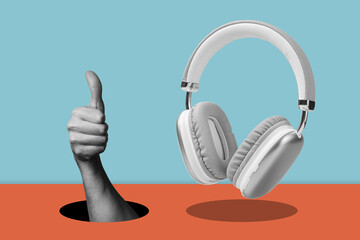 Modern art collage with headphones and hand raising thumb. Concept of good and quality music