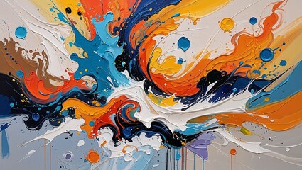 Vibrant and expressive acrylic abstract painting featuring a dynamic interplay of swirling shapes and colors, with bold brushstrokes and textures that evoke a sense of energy and movement, set against