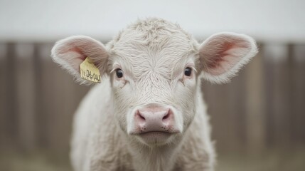 Fototapeta premium Close-up of an adorable white calf with a yellow ear tag, looking directly at the camera.