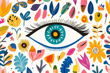 colorful, trendy evil eye pattern with flat design elements, featuring vibrant hues and bold shapes. The pattern exudes a modern, playful vibe and is perfect for fashion, accessories, or home decor.