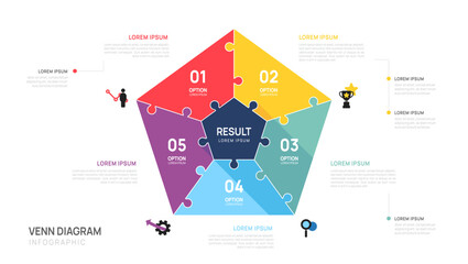 Infographic Venn diagram pentagon chart template for business 5 steps presentation with venn diagram elements vector illustration.