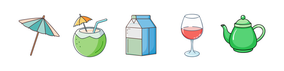 Illustration of Tropical, Dairy, and Tea Beverages  - A playful illustration featuring a drink umbrella, coconut water, milk carton, wine glass, and a teapot, symbolizing diverse drink types.  