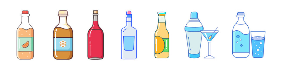 Illustration of Alcoholic and Non-Alcoholic Bottled Drinks - A vibrant illustration featuring a variety of bottled beverages, including beer, wine, spirits, soda, and a cocktail with a martini glass.