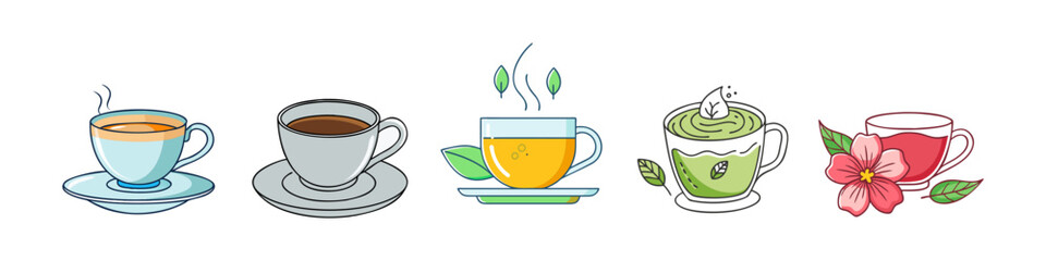 Illustration of Tea and Hot Beverage Varieties - A delicate illustration showcasing five hot beverages, including black tea, green tea, herbal tea, and matcha, with elegant cups and garnishes.
