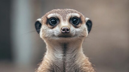 Close-up portrait of a curious meerkat looking directly at the camera.