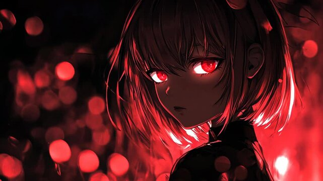 anime girl with red eyes, red light glow bokeh light background