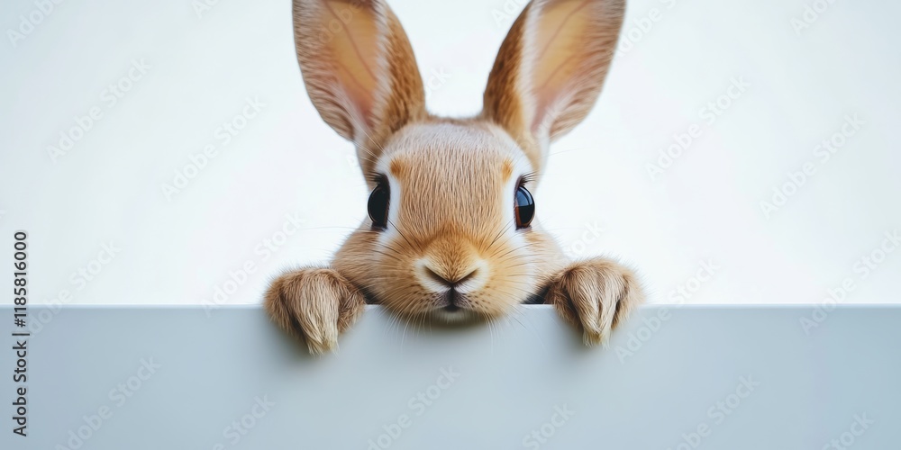 Poster rabbit is looking at the camera and is peeking out from behind a white board. the rabbit is curious 