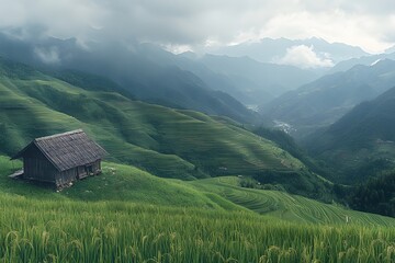 Obraz premium Lonely hut on terraced rice paddies, misty mountains