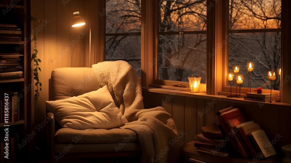 Poster inviting and charming reading nook with warm lighting illuminating a cozy stack of books on a wooden