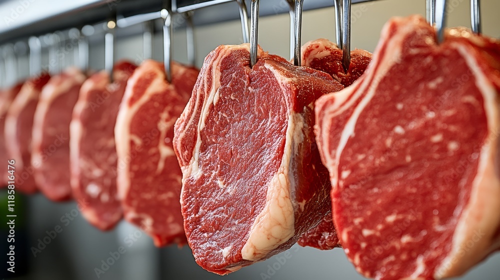 Aufkleber row of meat hanging from a rack. the meat is red and he is fresh. concept of abundance and the idea 