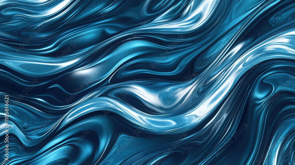 Poster dynamic fluid pattern with interconnected blue and silver waves in digital style