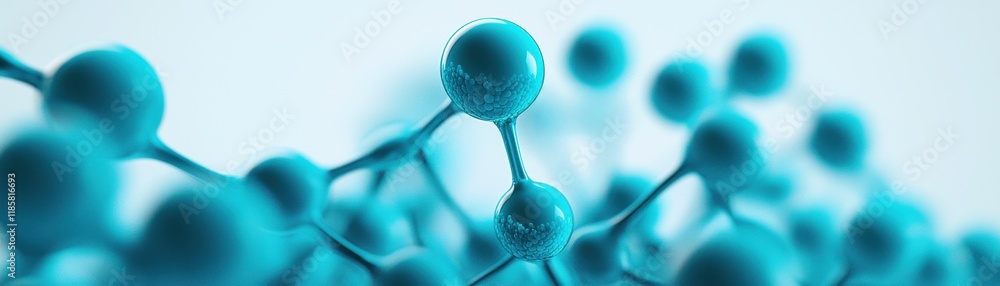 Poster a close-up view of interconnected blue molecules on a light background, illustrating the concept of 