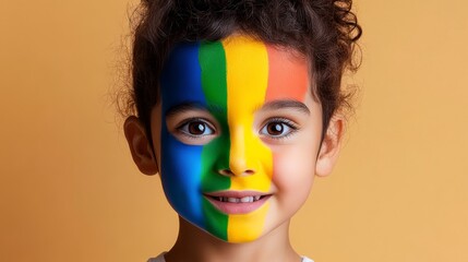 Young girl with rainbow painted on her face. She is smiling and looking at the camera. Concept of joy and celebration, possibly related to a rainbow pride event or a colorful festival
