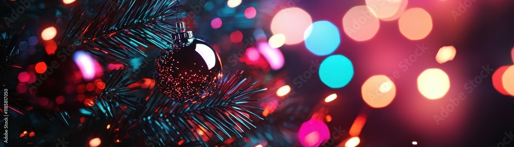 Poster a close-up of a christmas tree branch adorned with colorful lights and ornaments, creating a festive