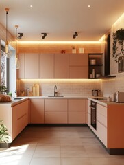 Modern Pink Kitchen Design with Brick Accents