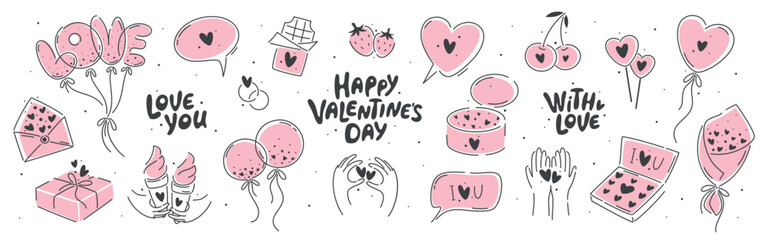 Valentine's day hand drawn elements set.  Design concept for 14 February. Heart, gifts, cherry, strawberry, balls. Vector illustration for cards, posters, stickers,  decoration, Valentines card.