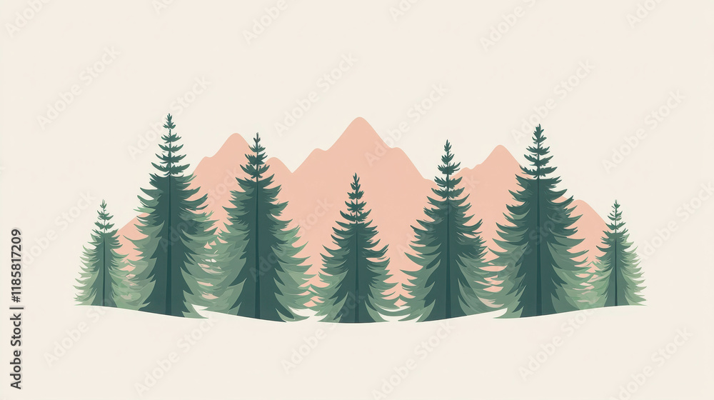 Poster flat design of evergreen forest with mountains in a minimalist style