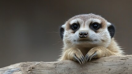 Curious meerkat looking over a log.