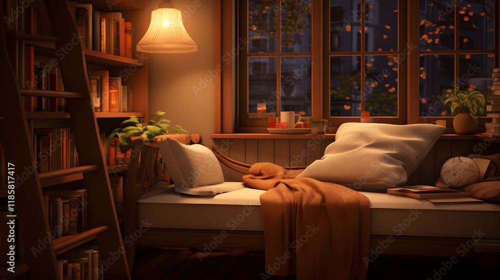Aufkleber cozy and inviting reading nook with warm lighting and a stacked pile of books creating a serene and 