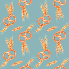 Seamless pattern with pretzel and malt plant, on a colored background, handmade digital watercolor