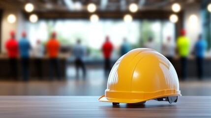 Yellow hard hat sits on a wooden table in front of a group of people. Concept of safety and protection